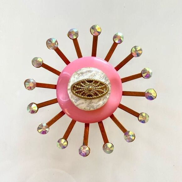 Upcycled Other - Upcycled Atomic Starburst Refrigerator Magnet Buttons Rhinestones Pink